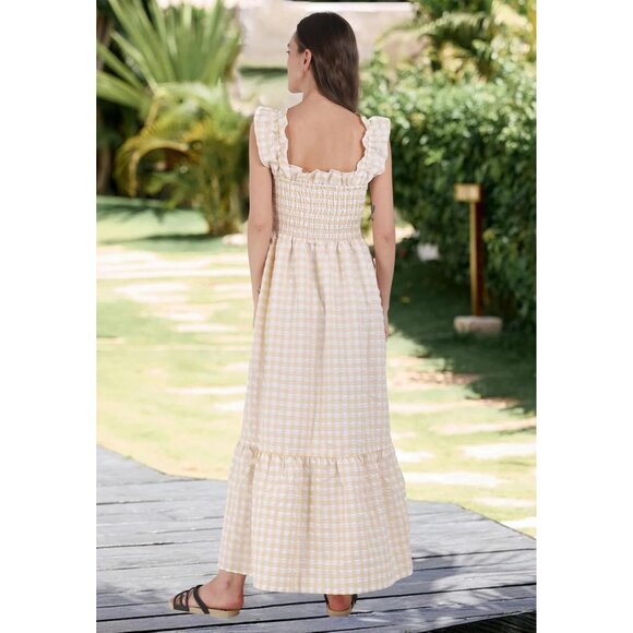 Flattering Women's Cotton Plaid Smocked Dress - Spaghetti Strap Flounce Style - Picture 5 of 6